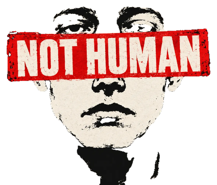 Stencil portrait of a young man with a red NOT HUMAN stamp across his eyes